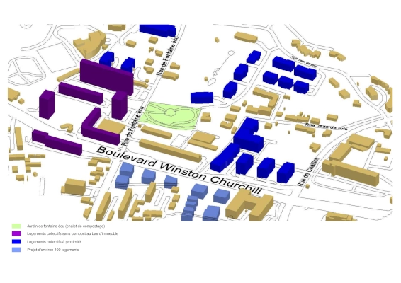 Pour un projet dans une collectivité locale, création d'un plan 3D par le  dessinateur projeteur BIM avec élévations des bâtiments et identifications de l'espace vert à proximité à l'échelle d'un quartier.